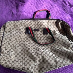 Gucci Beige and Brown Duffel Bag with Green and Red Accents